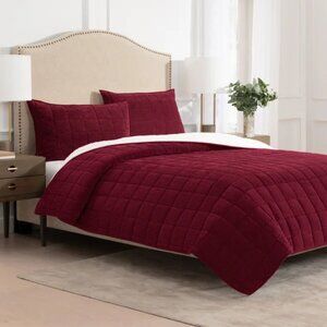 Charisma 3-piece Corduroy and Sherpa Fleece Quilt Set, Brick Red, NWT